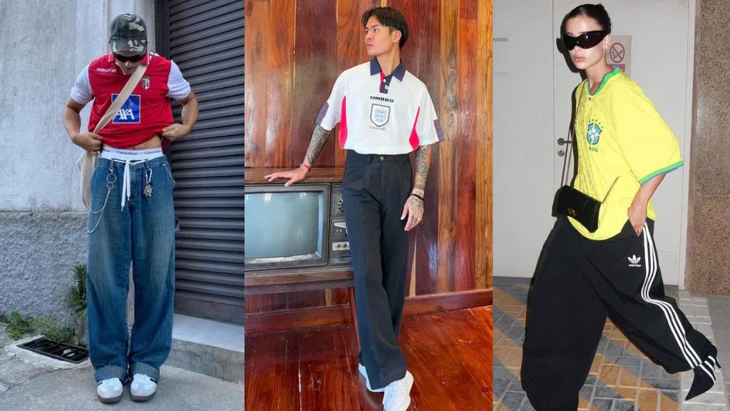 models rocking the blokecore fashion, with 3 retro football kits, england , brazil