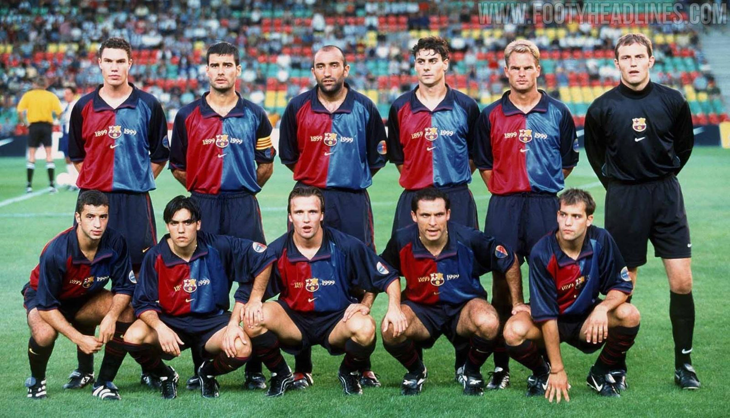Official photo of the 1999 FC Barcelona team with Barcelona 1999 Centenary Kit