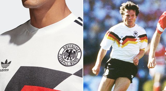 Split image: first half has a close up of germany's 1990 home shirt,second half has an old image of a german football player wearing it during a match.