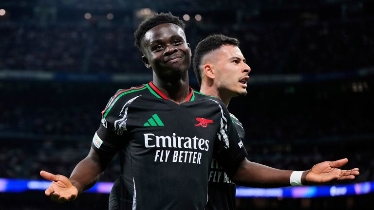 Saka celebrating his goal against Real Madrid in UCL