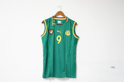 A cameroon soccer jersey with yellow and white accents, featuring the number 9 and a logo on the chest, displayed on a hanger against a white background.